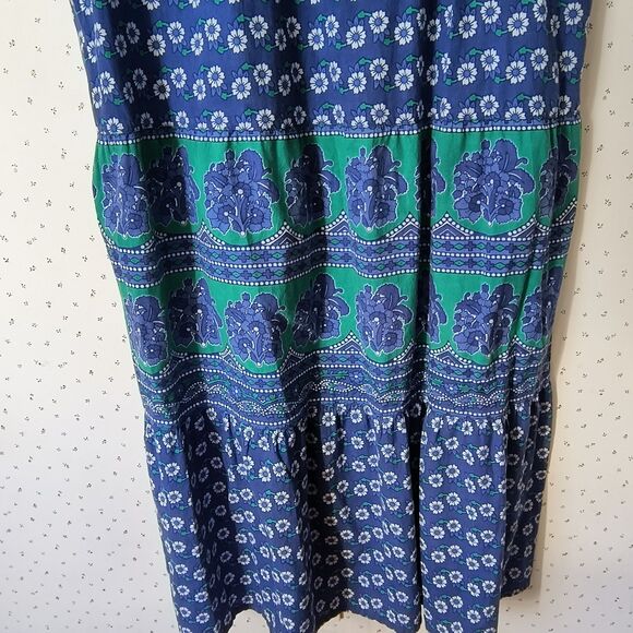 Vermont Country Store Dress L Blue Green Floral Tiered Midi Cotton Boho Mumu - Picture 11 of 15
